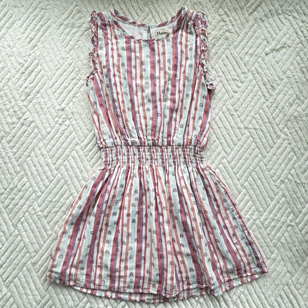 Hatley Girls Size 8 Rainbow Stripe Smocked Dress Ruffle Sleeve Cotton Lined